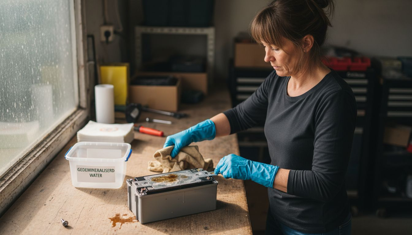 Een vrouw is in haar schuur bezig met het schoonmaken van een accu.