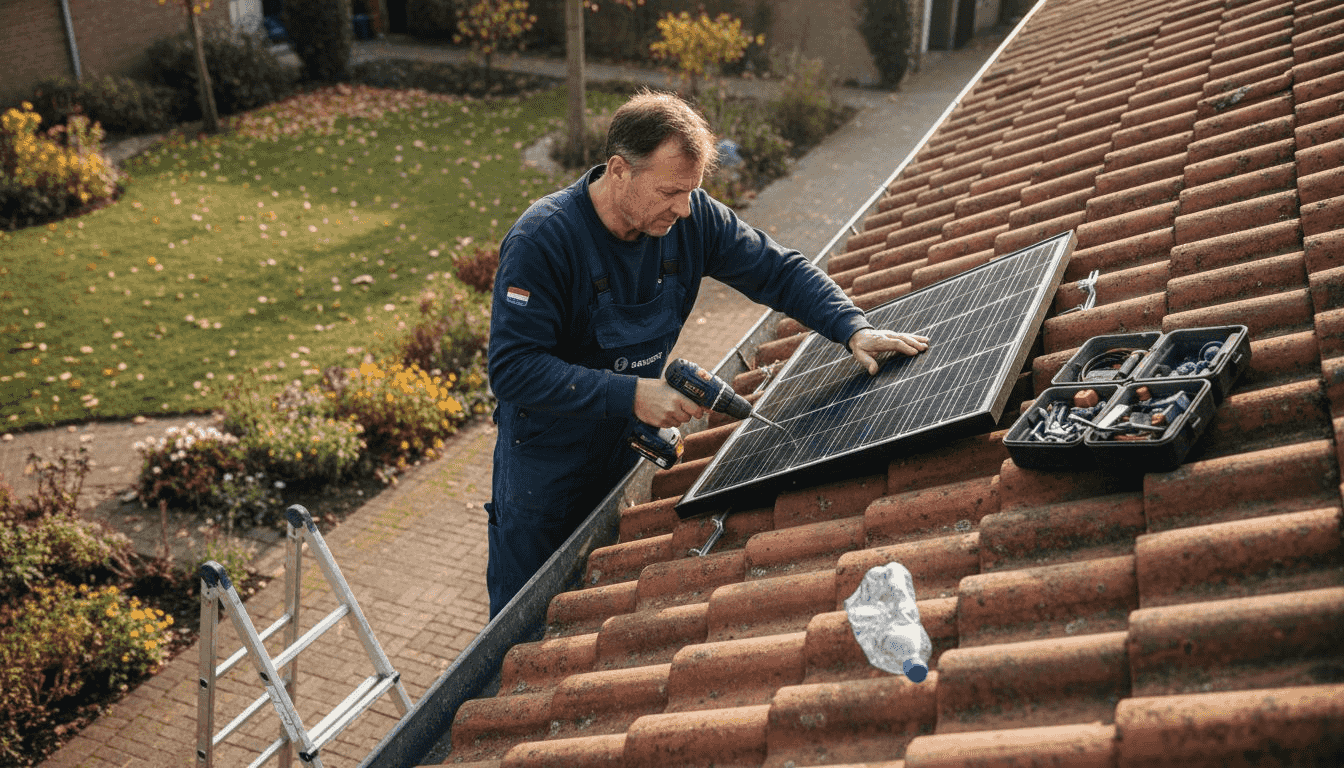 Een monteur is bezig met het plaatsen van zonnepanelen op een typisch Nederlands dak.