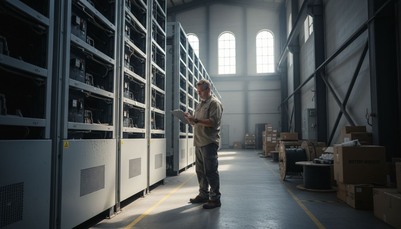 Engineer inspecting modular battery system racks