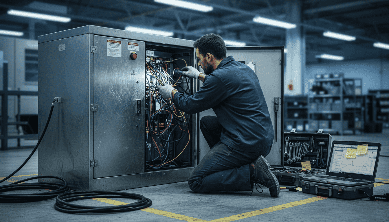 Technician wiring hybrid battery in control room