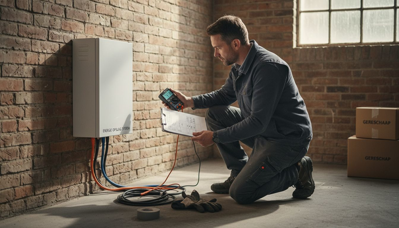 Een monteur inspecteert de accu bij de zonnepanelen.