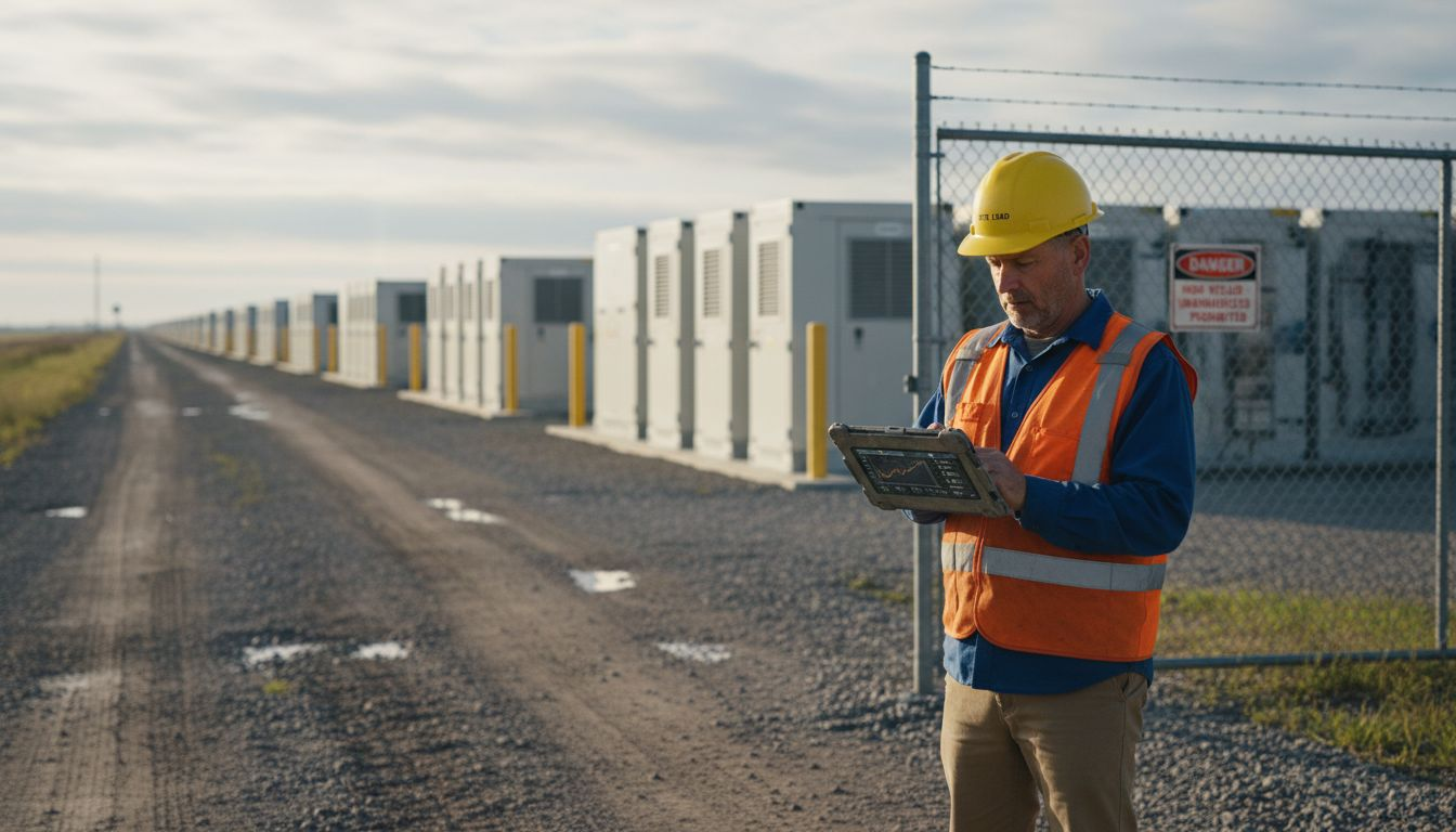 Manager inspecting utility-scale battery storage