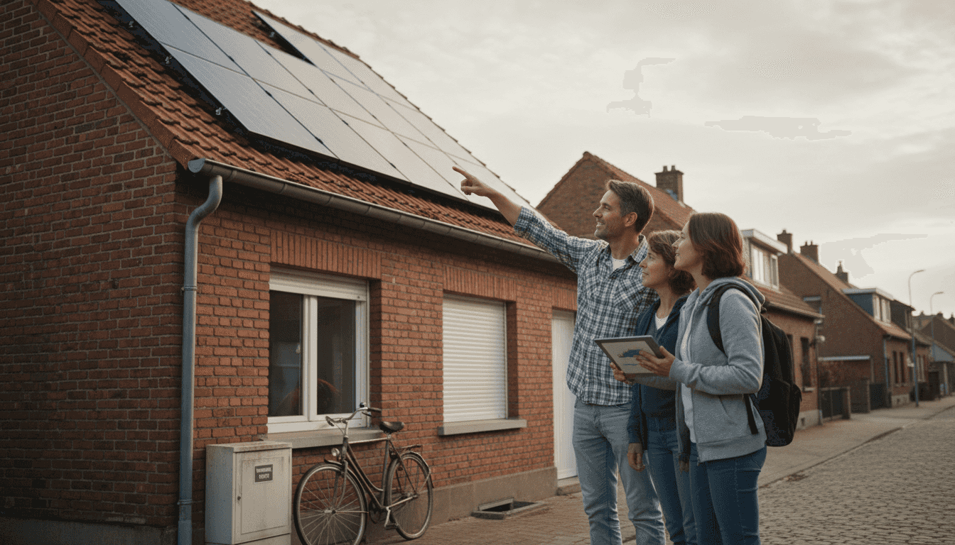 Une famille observe attentivement les panneaux solaires installés sur le toit de leur maison.