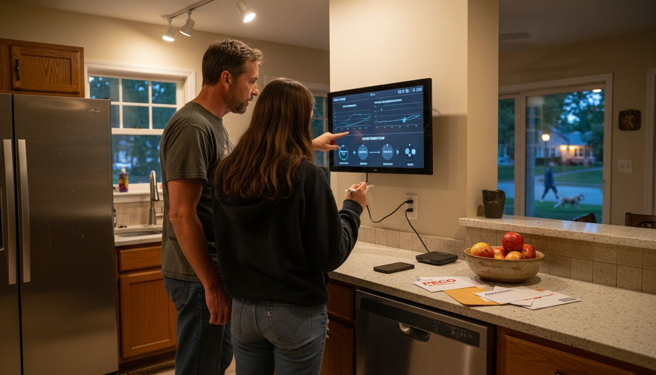 Family using home energy dashboard in kitchen