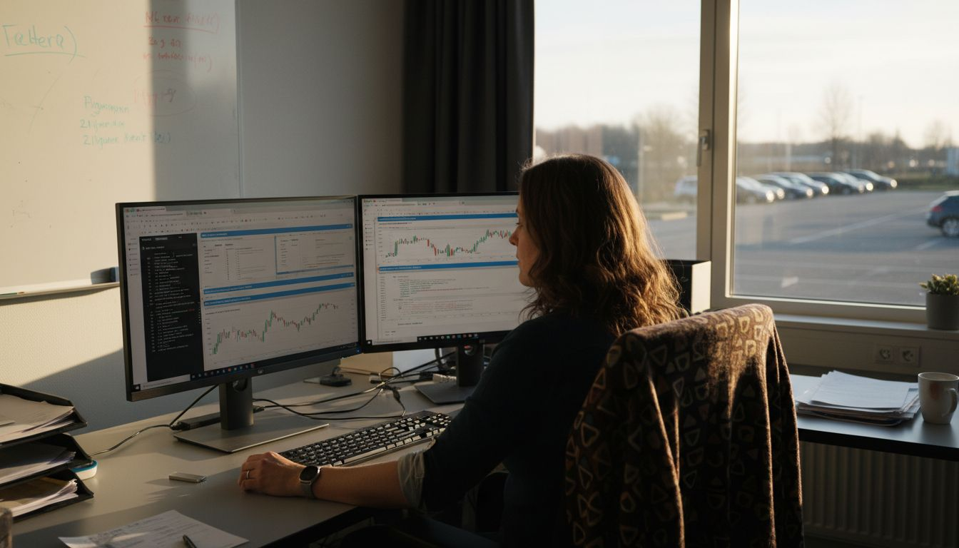 Een vrouw houdt toezicht op geautomatiseerde software voor energietransacties.