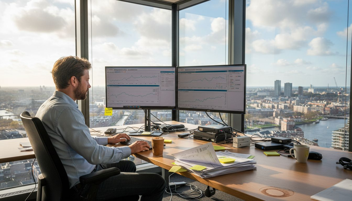 In een modern kantoorpand in de stad buigt een man zich over de actuele energieprijzen om te bepalen wat het beste moment is om te handelen.