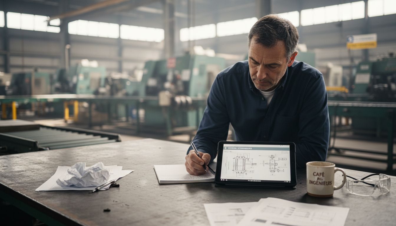 Un ingénieur examine des plans énergétiques sur sa table de travail, concentré sur les détails techniques.