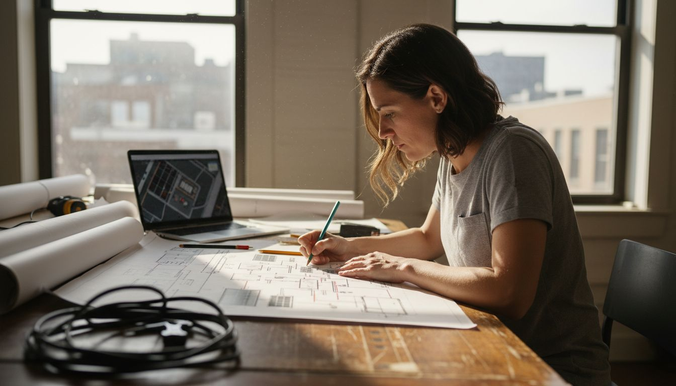 Designer sketching commercial solar architecture diagram