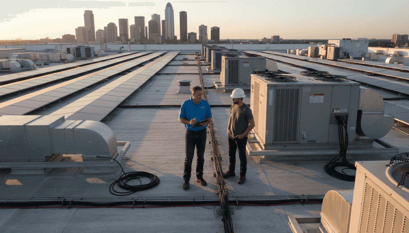 Facility manager and technician discuss solar installation