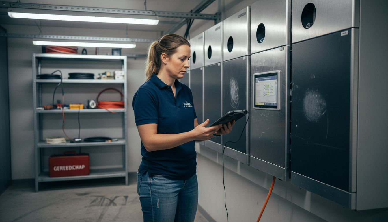 Een technicus voert een controle uit op het batterijopslagsysteem van een bedrijf.