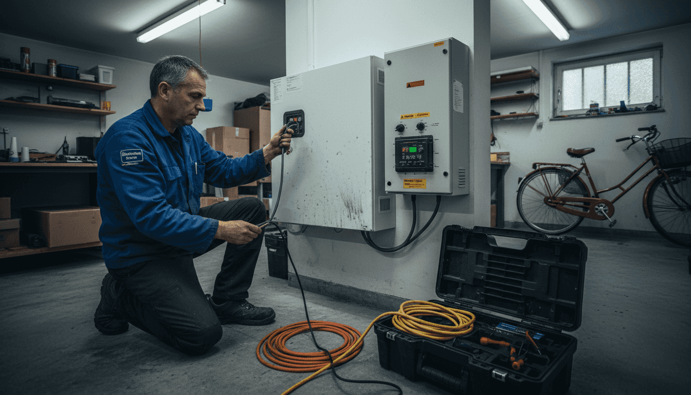 Un électricien installe une batterie domestique dans le garage d'une maison en Belgique.