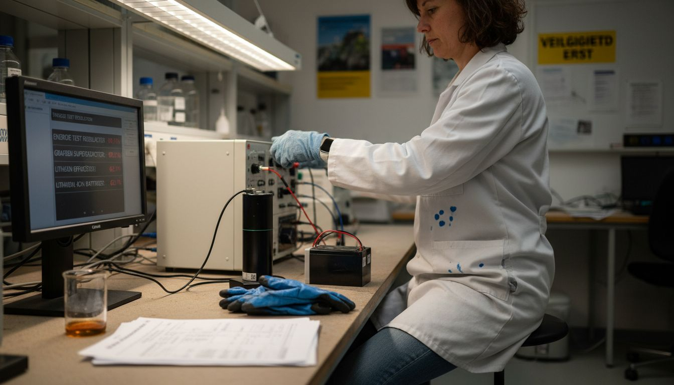 Een technicus bekijkt de verschillen tussen een supercondensator en een batterij.