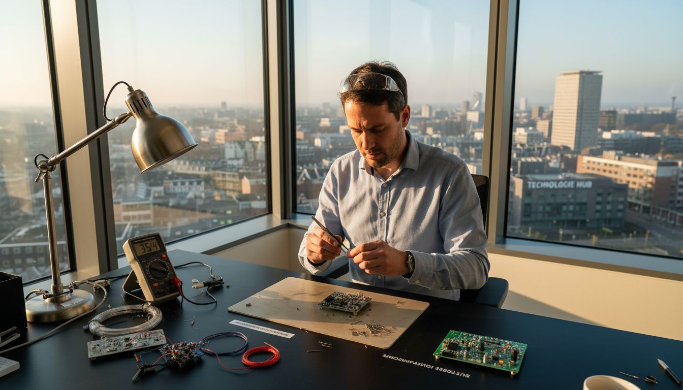 Een technicus is bezig met het samenstellen van een geavanceerde supercondensatormodule op basis van grafeen.