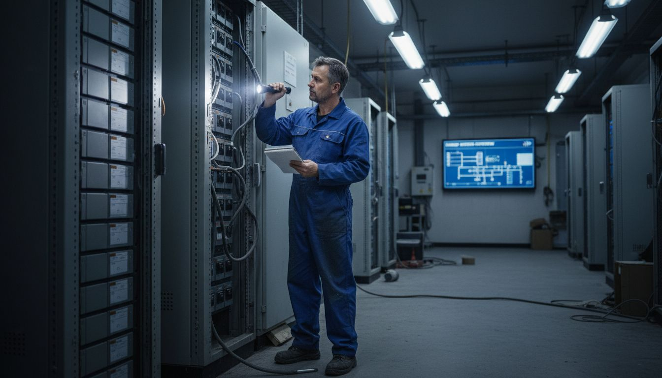 Technician inspecting battery modules in control room