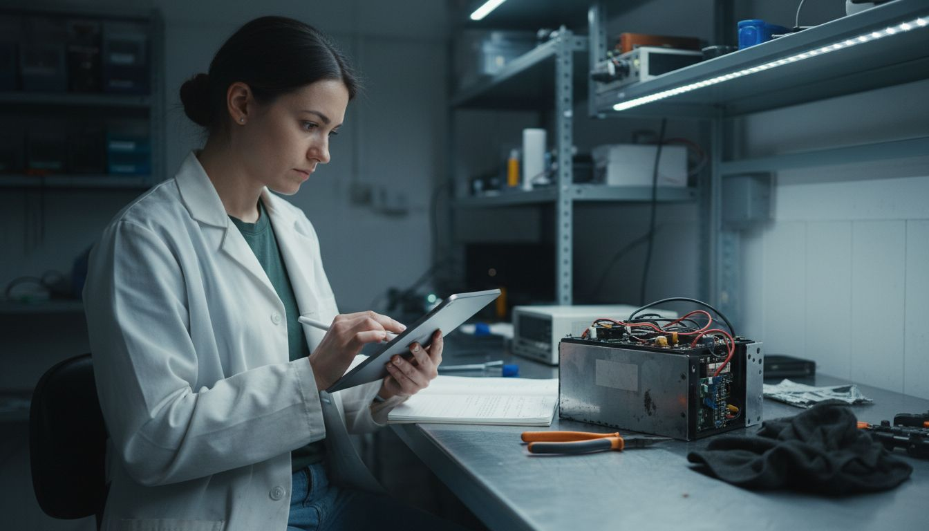 Engineer examining battery module components in lab
