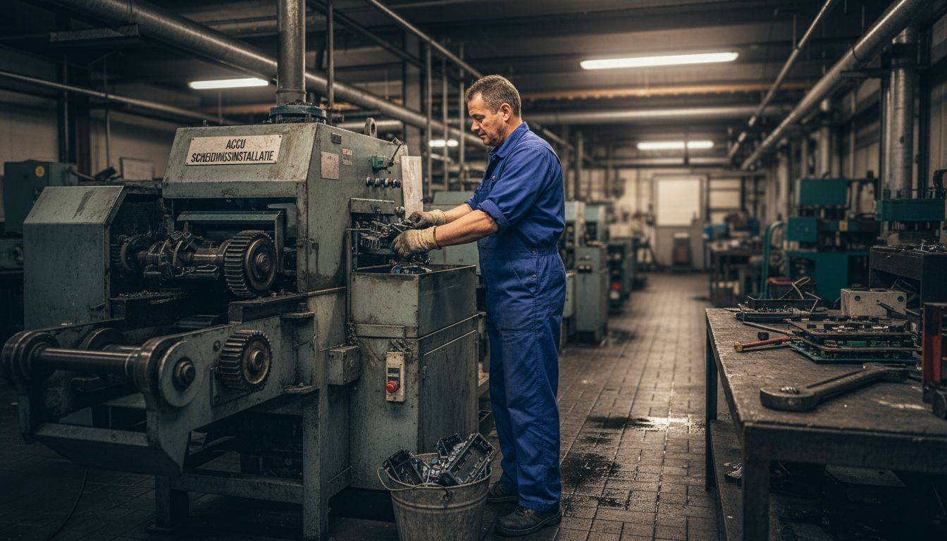Een technicus is bezig met het verwerken van oude loodaccu’s.