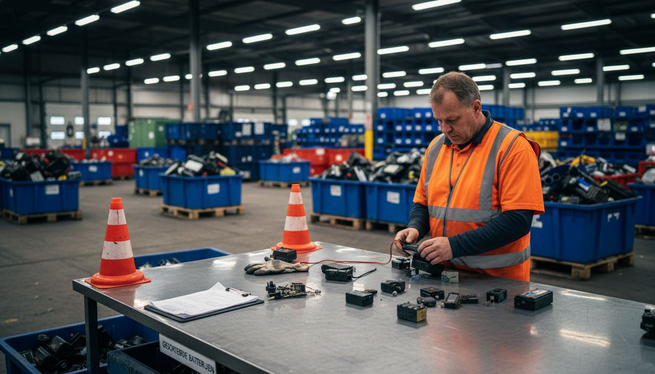 Een medewerker is bezig met het sorteren van batterijen bij het recyclecentrum.