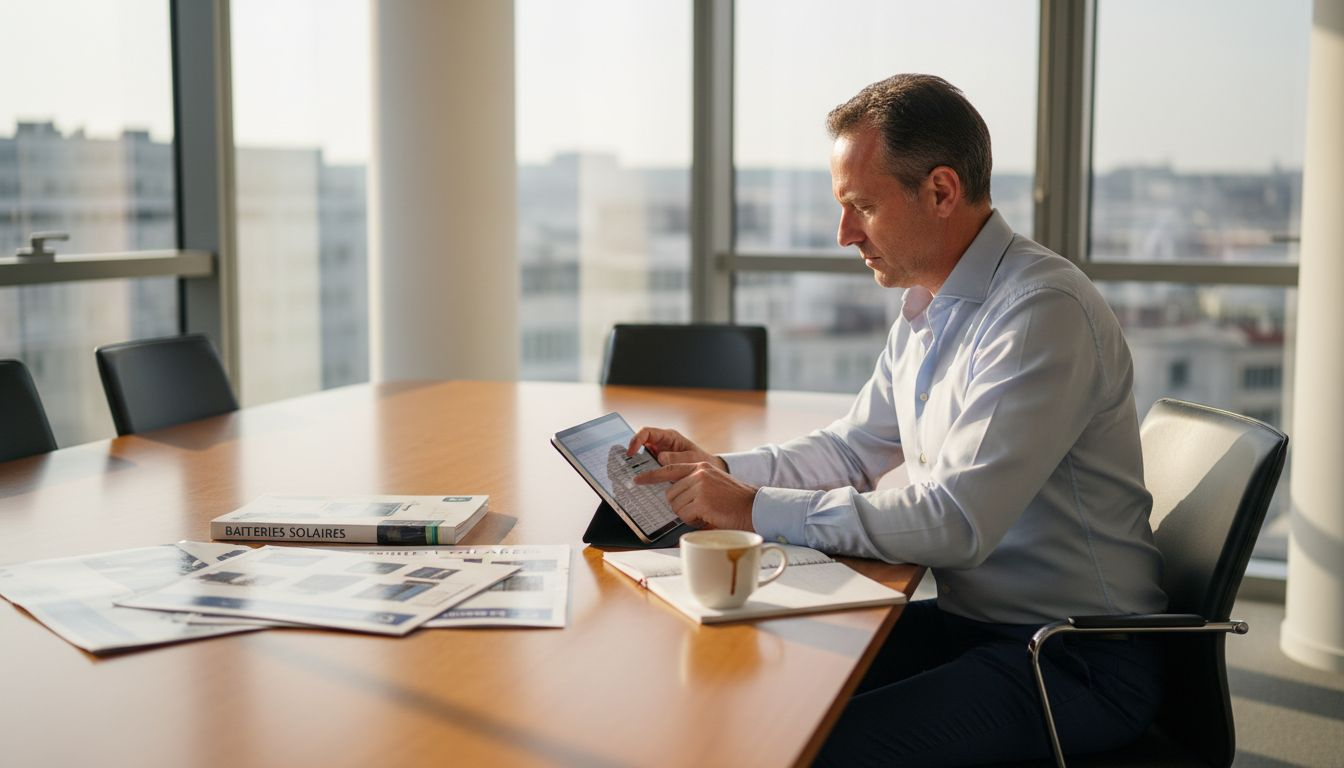 Un responsable étudie différentes solutions de batteries solaires dans son bureau.