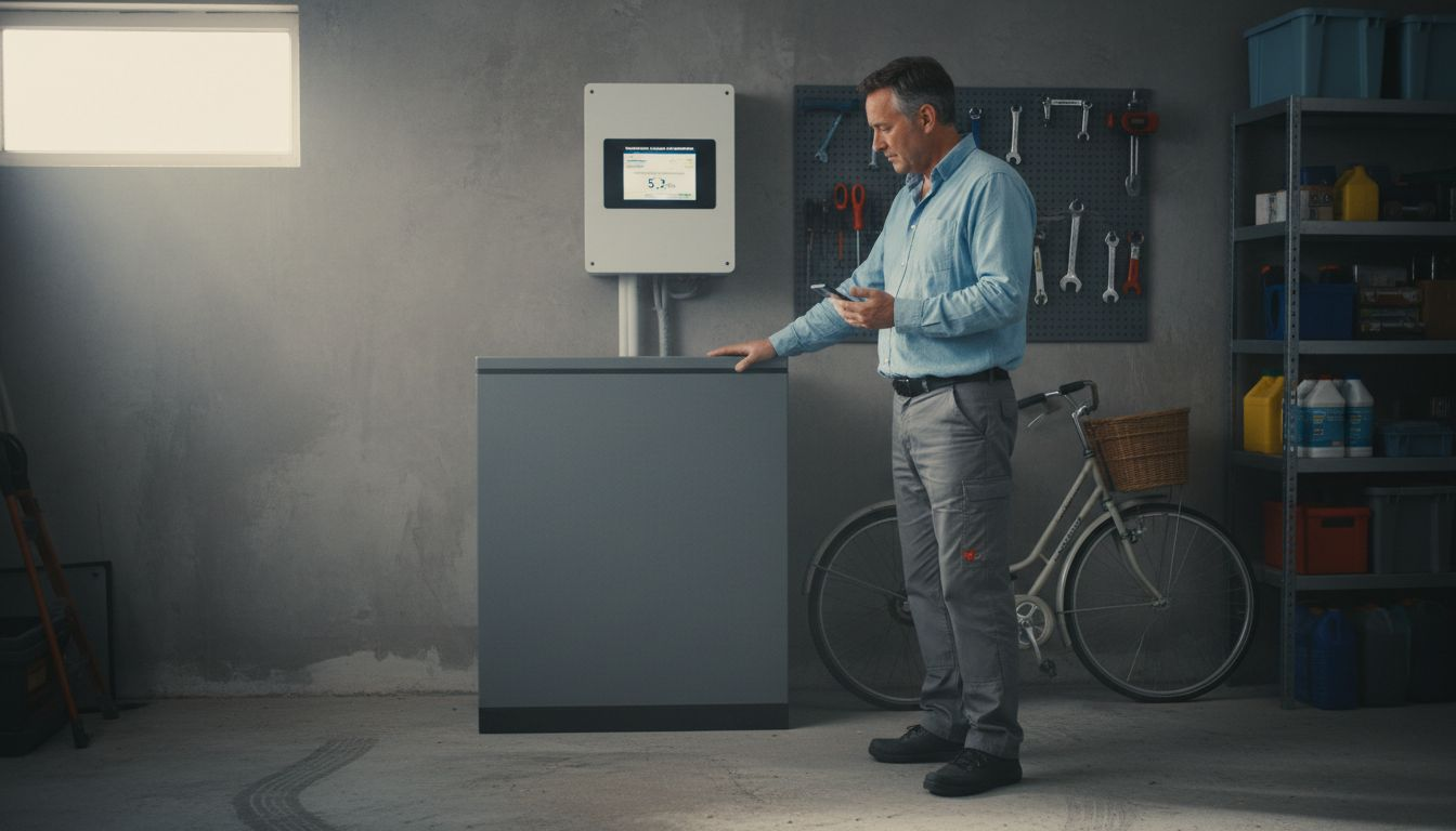 Un homme vérifie sa batterie de stockage d’énergie chez lui.