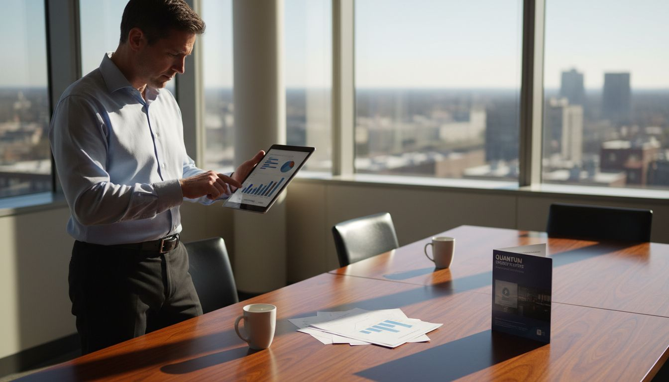 Manager reviewing energy system data at conference table