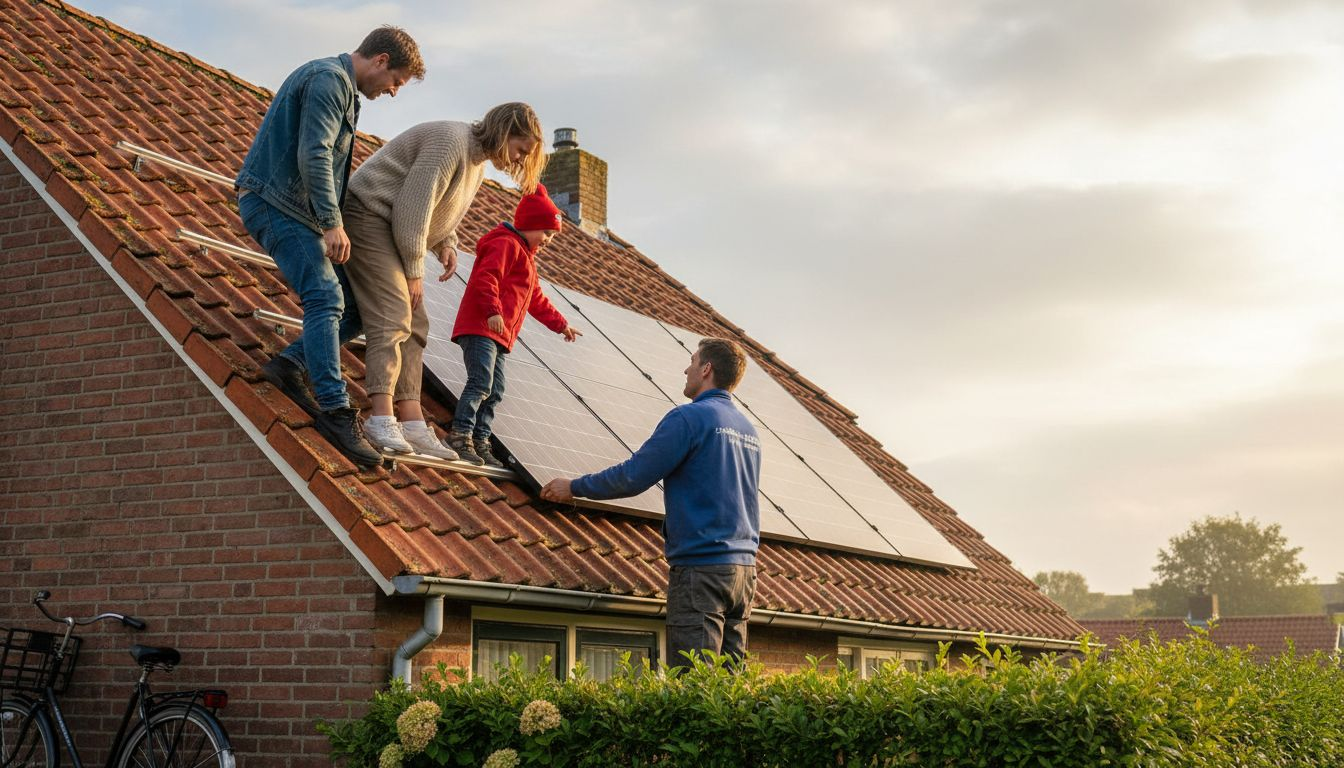Een gezin kijkt toe terwijl een installateur zonnepanelen op hun dak plaatst.