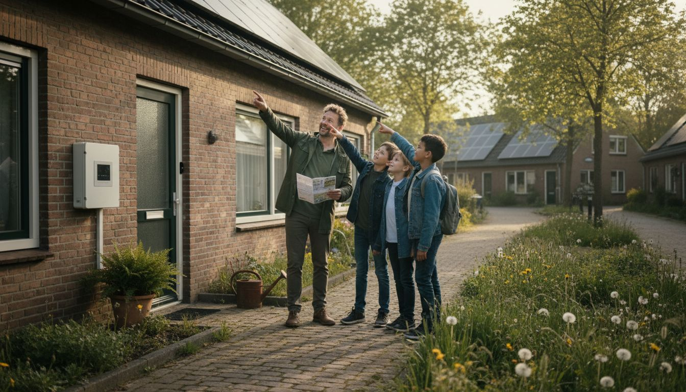Family outside Benelux home with solar panels