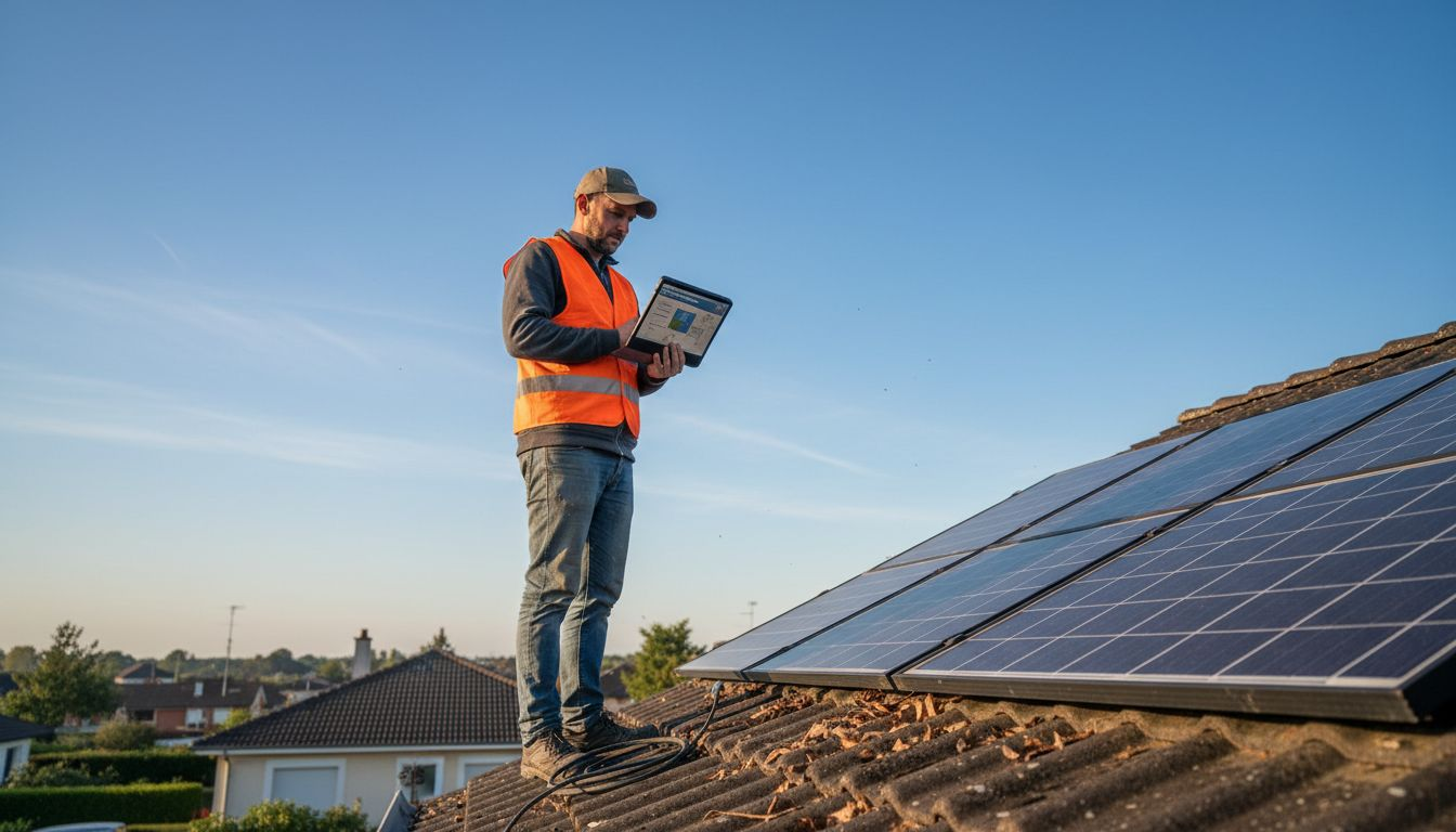Un technicien contrôle le système de surveillance des panneaux solaires sur le toit.