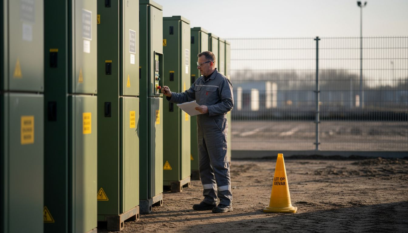 Monteur op een opslagterrein voor batterijen