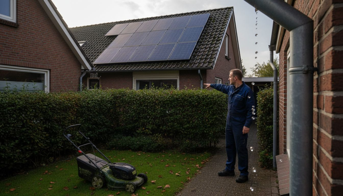 Een monteur wijst naar de zonnepanelen op het dak van een woning.