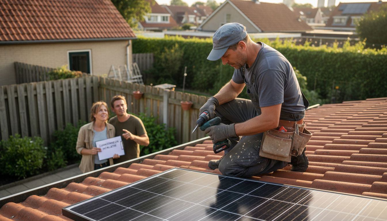Een monteur plaatst een zonnepaneel op het dak.