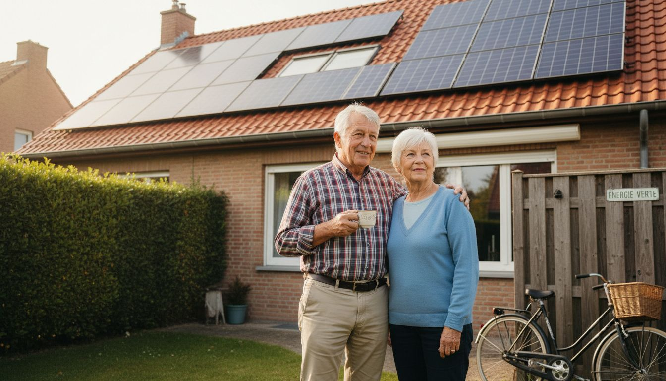 Un couple observe les panneaux solaires installés sur le toit de leur maison, réfléchissant à l’impact sur leur consommation d’énergie.