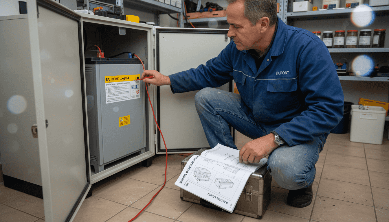 Un technicien procède à l’installation d’un système de stockage d’énergie à base de batteries lithium.