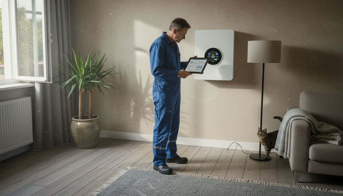 Technician checking home battery system in living room