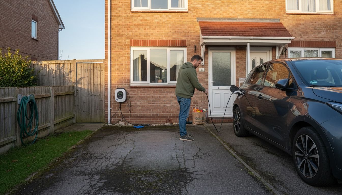 Een man sluit zijn elektrische auto thuis aan op de oplader.