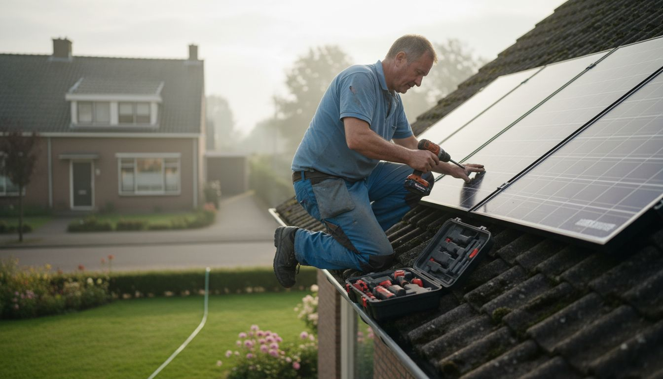 Een monteur is bezig met het plaatsen van zonnepanelen op het dak.