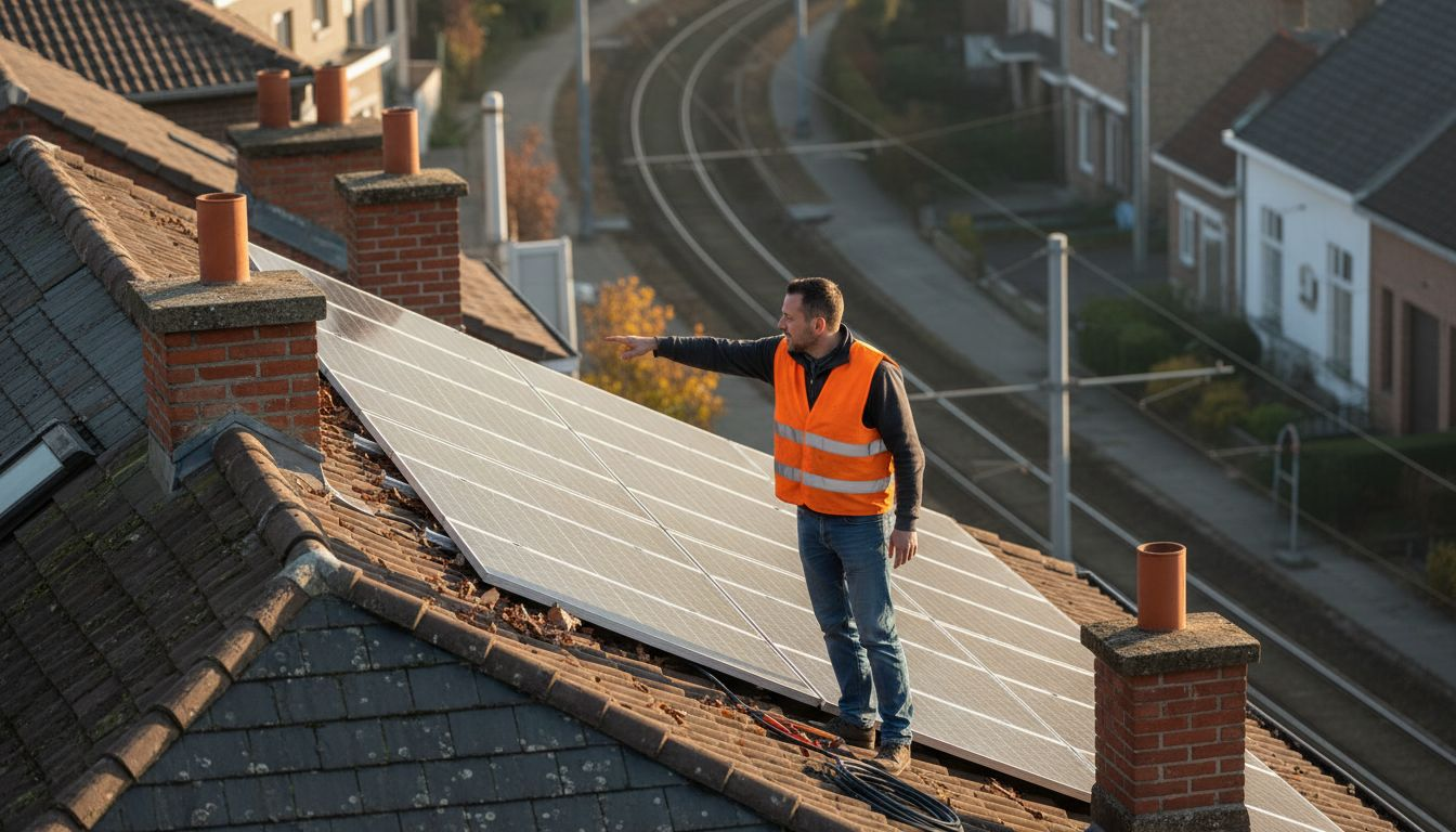 Technician on rooftop installing solar panels