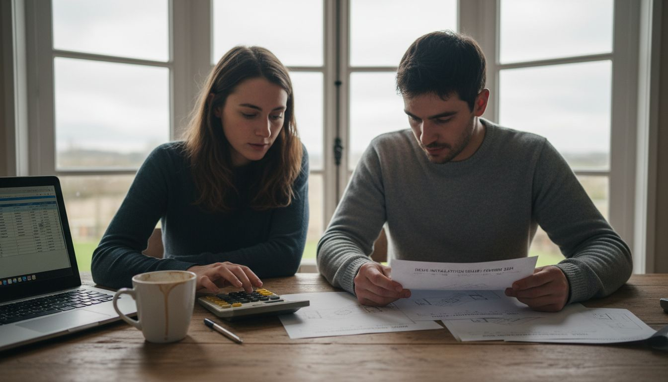 Un couple examine les coûts et les avantages d’un projet solaire autour de la table du salon.