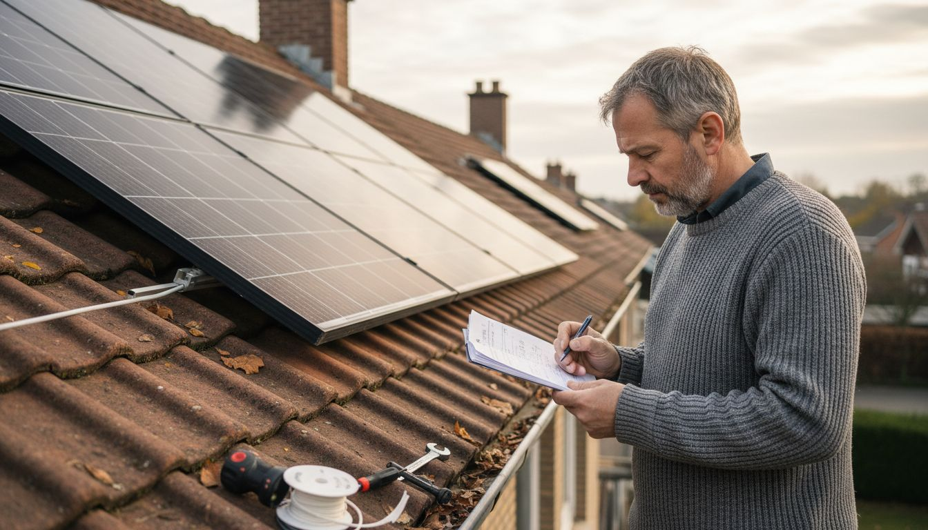 Un homme contrôle l’état des panneaux solaires installés sur le toit d’une maison en Belgique.