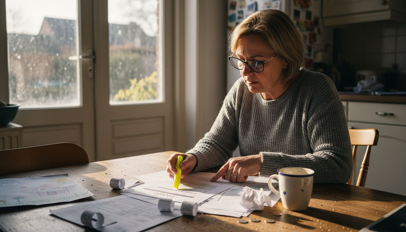 Een vrouw zit aan de keukentafel en bekijkt aandachtig de facturen van haar recent geïnstalleerde zonnepanelen.