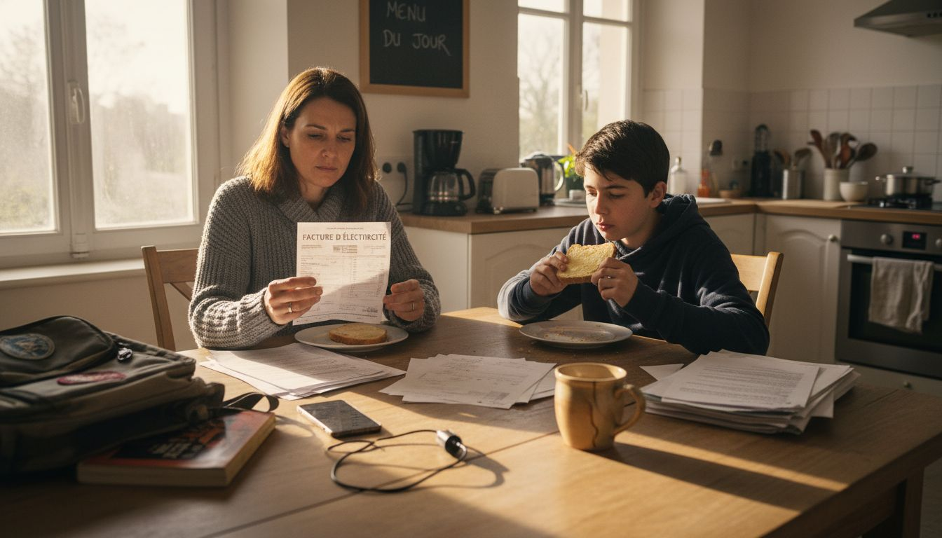 Réunis autour de la table de la cuisine, les membres de la famille examinent leur facture d’électricité pour comprendre où ils peuvent réaliser des économies.