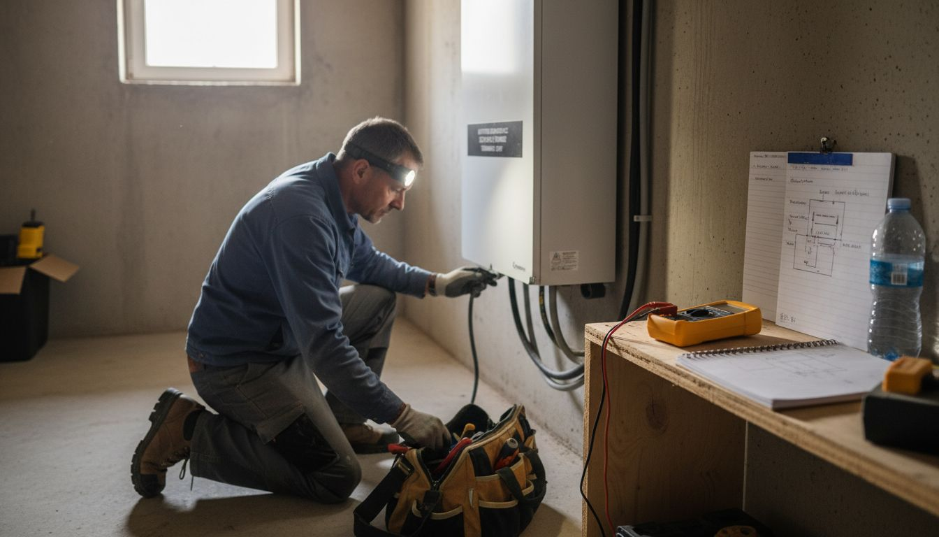 Un technicien procède à l'installation d'une batterie domestique dans une cave.