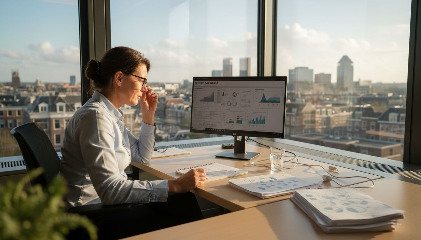 De facilitair manager loopt zijn kantoor binnen en werpt een blik op het energiedashboard om het verbruik in de gaten te houden.