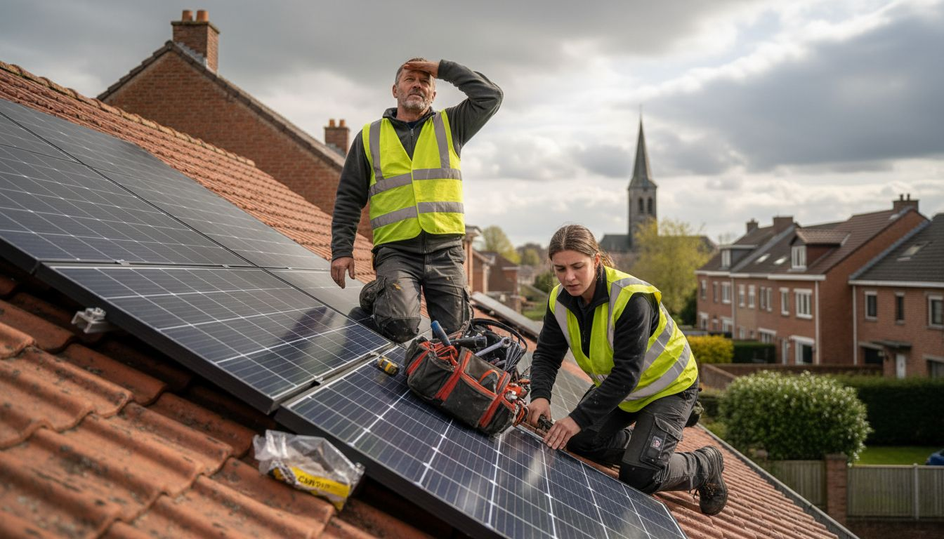 En Belgique, des techniciens procèdent à la vérification des panneaux solaires installés sur les toits.
