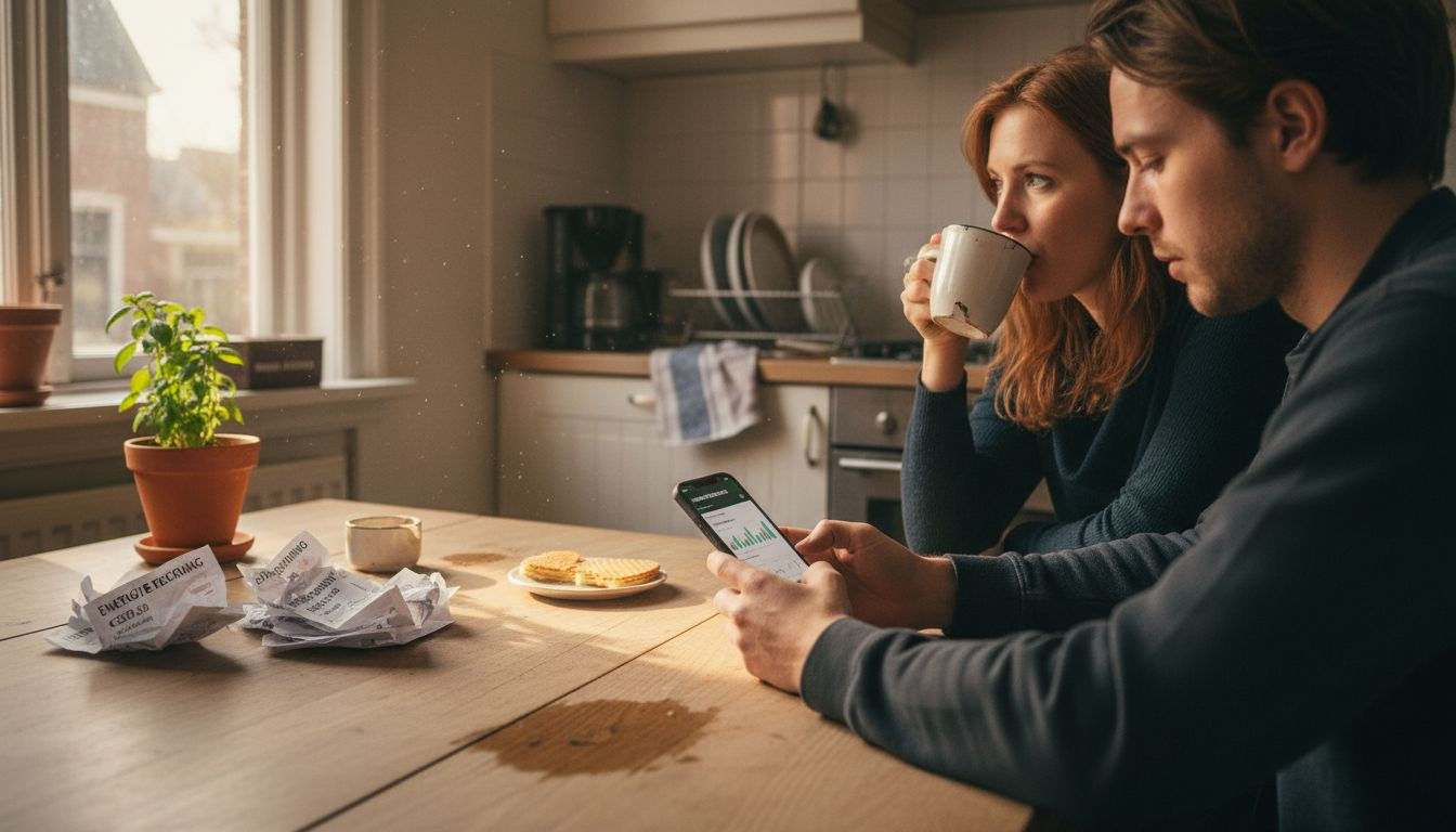 Een stel bekijkt samen hun energiebeheer-app om inzicht te krijgen in het verbruik.