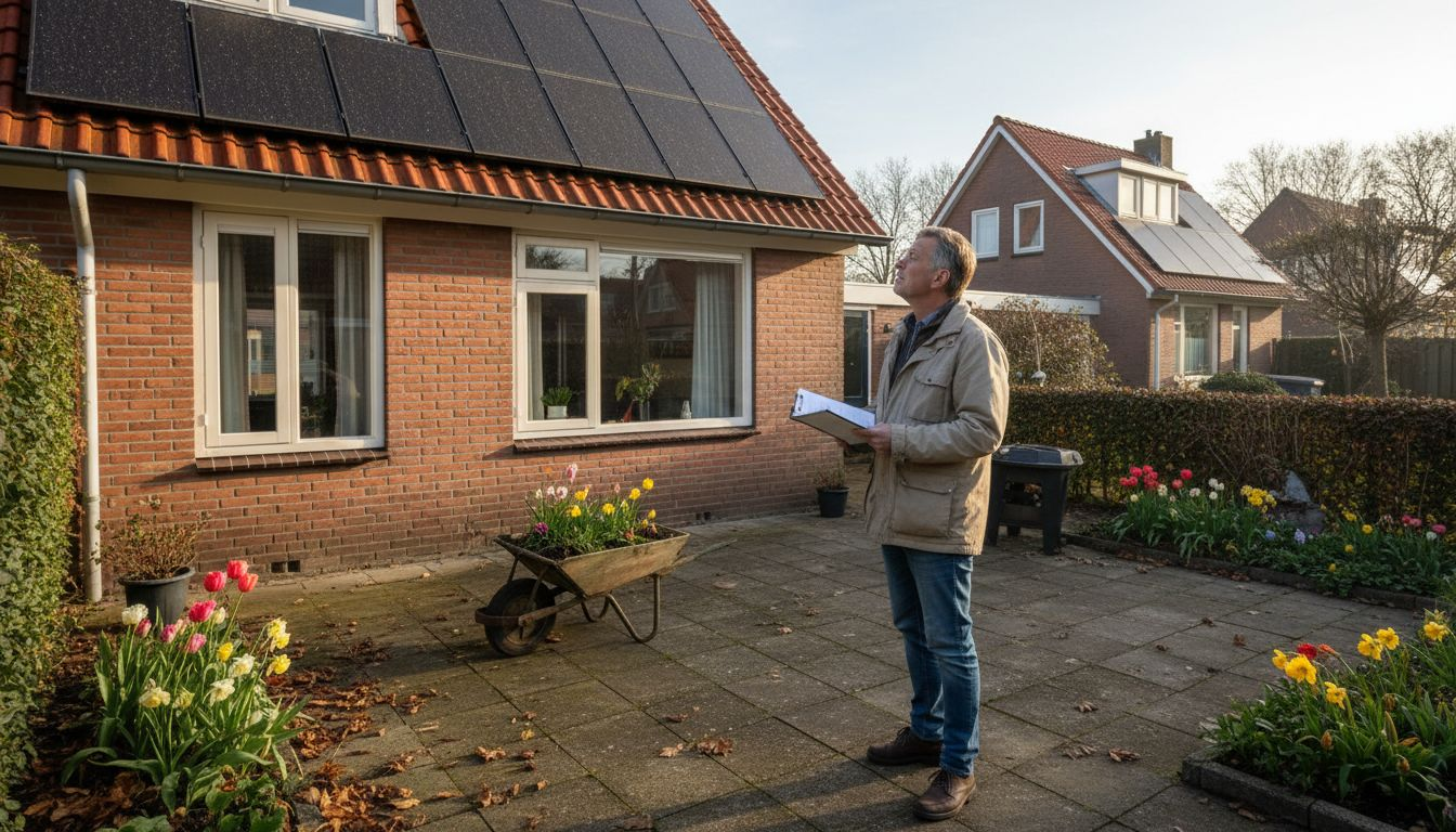 Een man bekijkt de zonnepanelen die hij in zijn achtertuin heeft liggen.