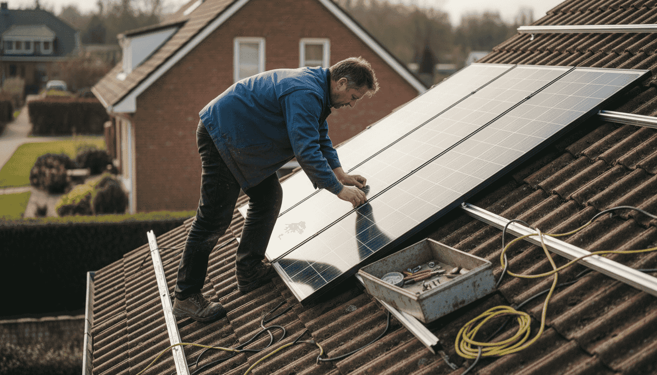 Un technicien procède à l'installation de panneaux solaires sur un toit en pente.