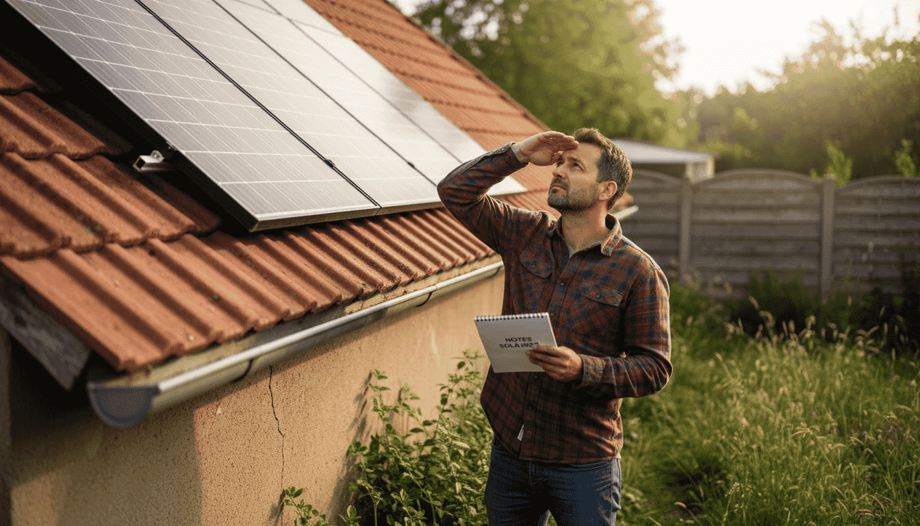 Un homme vérifie l’orientation des panneaux solaires installés sur le toit.