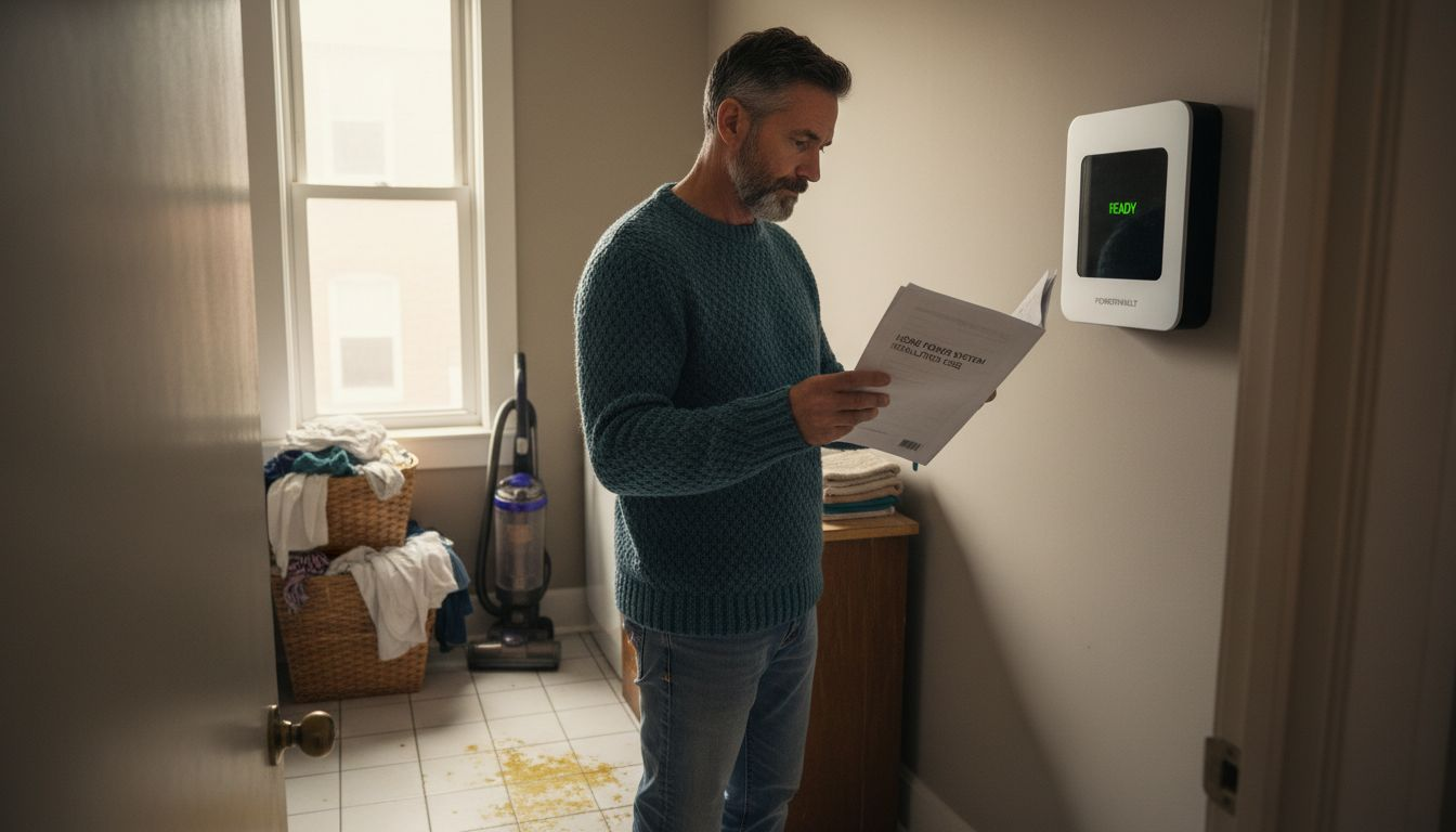Homeowner reviewing battery system in townhouse