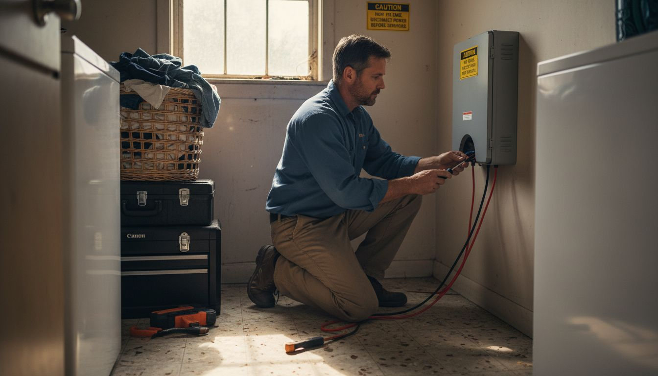 Electrician installs battery backup in laundry room