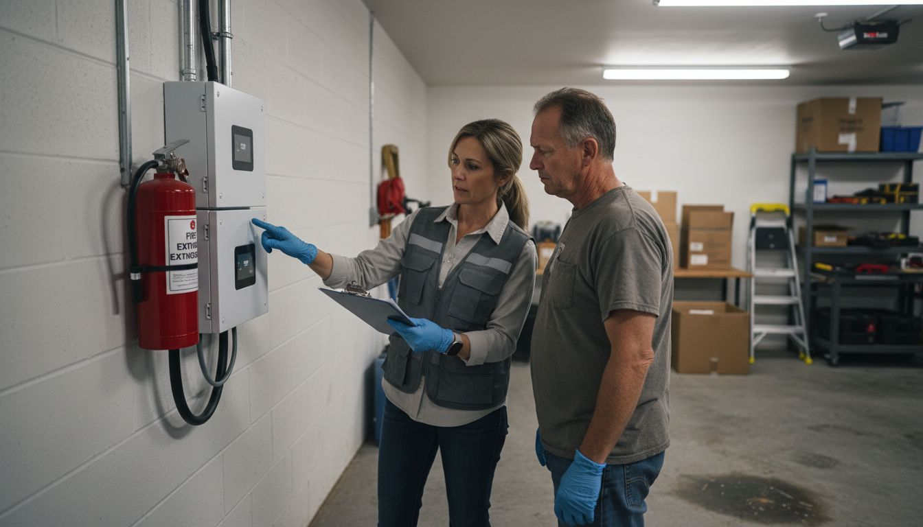 Inspecting battery backup installation safety in garage